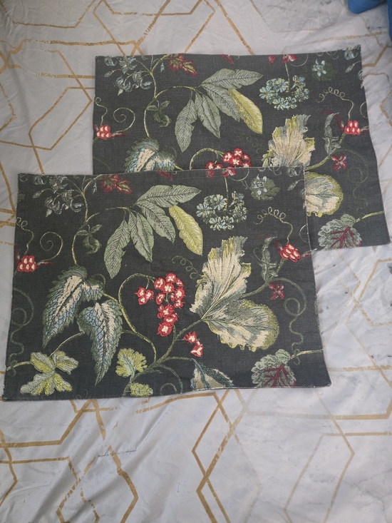 Other - Vintage Dark Botanical Floral Placemat Pair - Green & Red Accents
